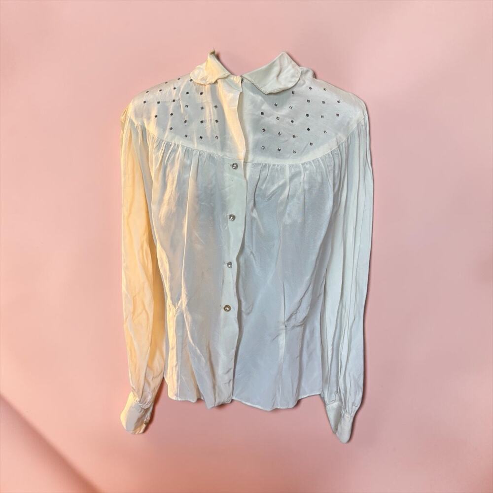 1940s Ivory Rhinestone Blouse Draped Yoke Hollywood Glam Rayon As Is